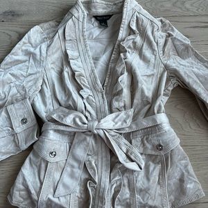 White House Black Market Velvet Jacket Womens Ruffle BoHo Fitted Beige NEW